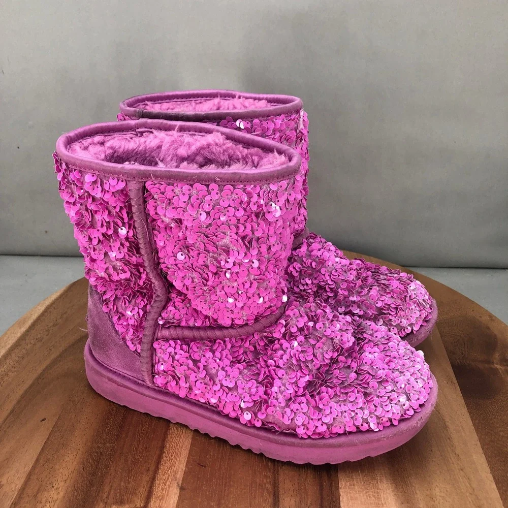 UGG Classic Short Sequin Pink Boots Girls Size 4 Sparkle Shearling Lined